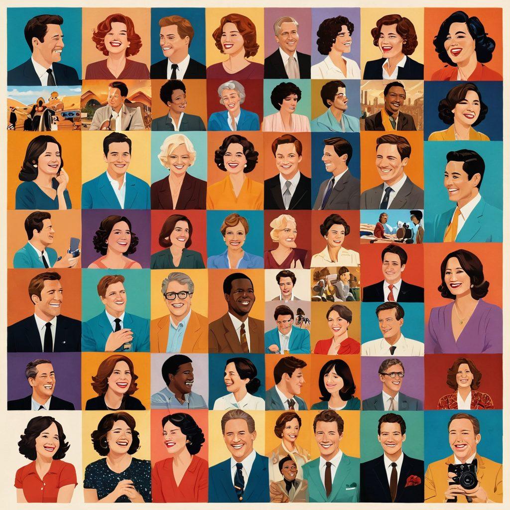 A vibrant collage of iconic scenes from various dramas and comedies, showcasing diverse characters experiencing intense emotions—laughter, tears, and joy. The background features a film reel that intertwines the genres, with warm color tones symbolizing passion. The elements should radiate a sense of connection and enjoyment in storytelling. super-realistic. vibrant colors. cinematic style.